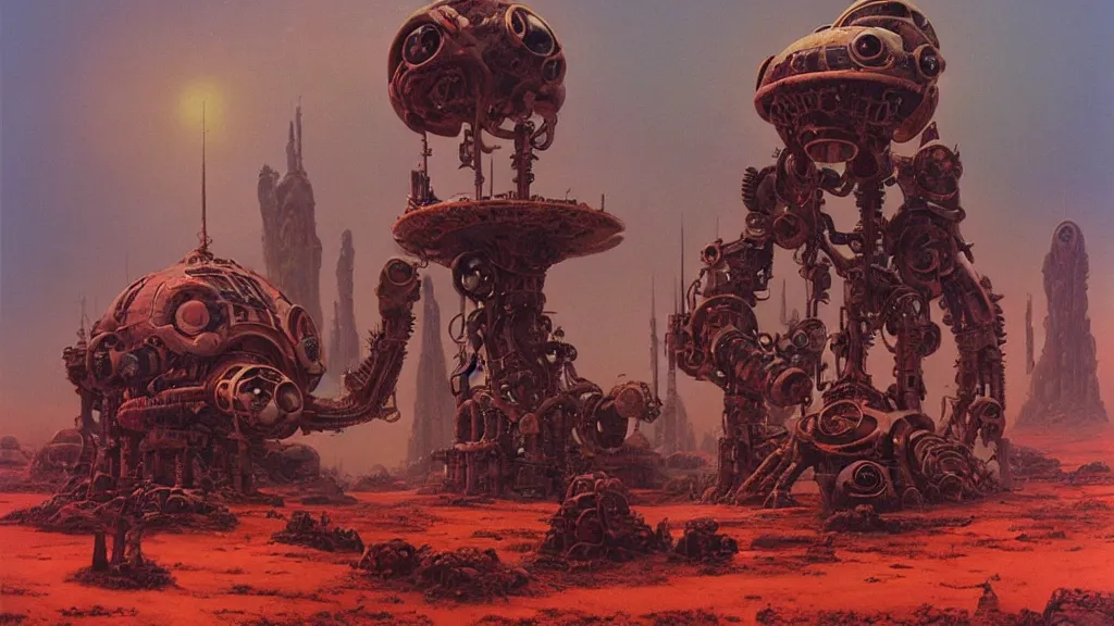 Image similar to mysterious whimsical sculpture of alien technology by paul lehr and john schoenherr and john harris, cinematic matte painting