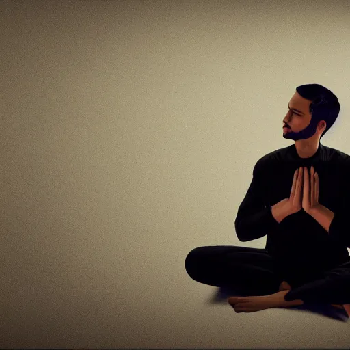 Prompt: a handsome young man sitting in meditation, 3 d render and matte painting, concept art, trending on artstation