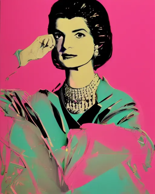 Image similar to beautiful fantasy character portrait, jacqueline kennedy silk screen print by andy warhol, wearing oversized puffy pink bomber jacket and black bikini, ultra realistic, wide angle, seductive pose, cyberpunk artifacts, highly detailed by peter mohrbacher, hajime sorayama, wayne barlowe, boris vallejo, aaron horkey, gaston bussiere, craig mullins