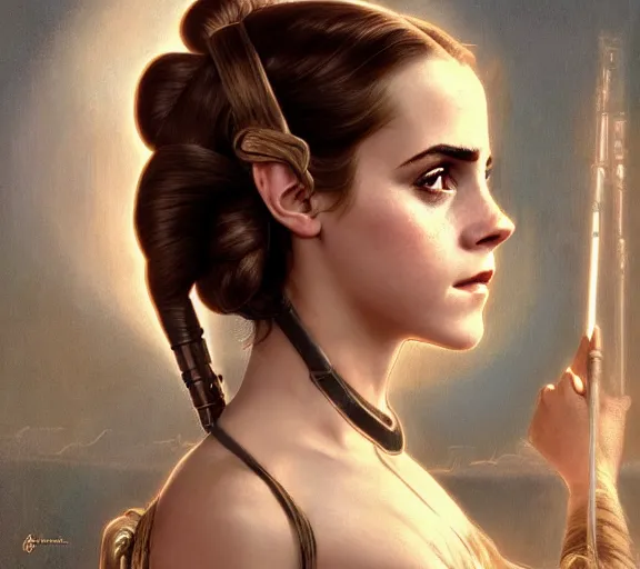 Image similar to photography of a sensual emma watson dressed like princess leia slave girl outfit star wars, deep focus, intricate, elegant, highly detailed, digital painting, artstation, concept art, matte, sharp focus, illustration, art by artgerm and greg rutkowski and alphonse mucha and gil elvgren