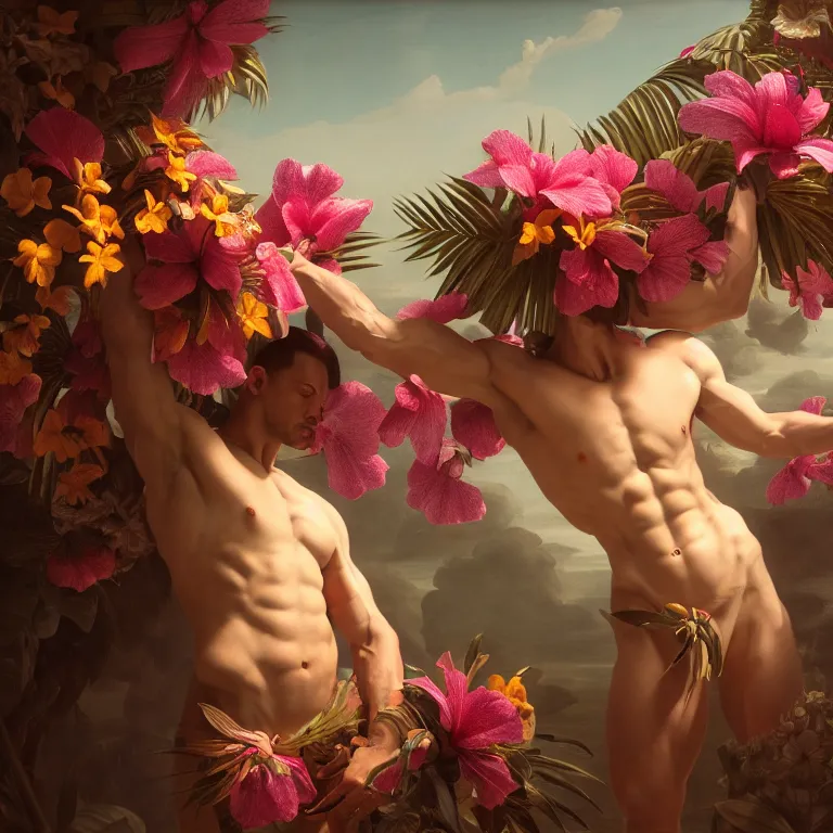 Image similar to still life of human muscular body covered with tropical flowers, wide shot, soft glow bloom lucid dream - like ethereal atmosphere, baroque portrait painting, perfect composition, beautiful intricate detailed octane render trending on artstation, 8 k artistic photography, volumetric cinematic perfect light, chiaroscuro, masterpiece, raphael, caravaggio, rutkowski, beeple, beksinski