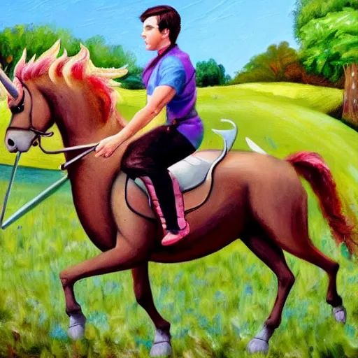 Image similar to wesley crusher riding a unicorn into battle impressionist oil painting fantasy 1 5