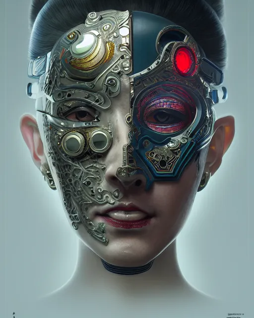 Image similar to portrait of a cyberpunk machine, machine face, upper half portrait, decorated with chinese opera motifs, asian, fine china, traditional chinese art, intricate, elegant, highly detailed, symmetry, headpiece, digital painting, artstation, concept art, smooth, sharp focus, illustration, art by artgerm and greg rutkowski and alphonse mucha, 8 k