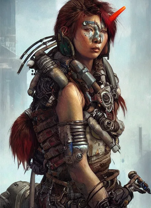 Image similar to hyper realistic photography portrait of postapocalyptic cyberpunk asian cyborg tribal warrior angel unicorn cinematic, brom, mucha, moebius juan gimenez artstation, cgsociety