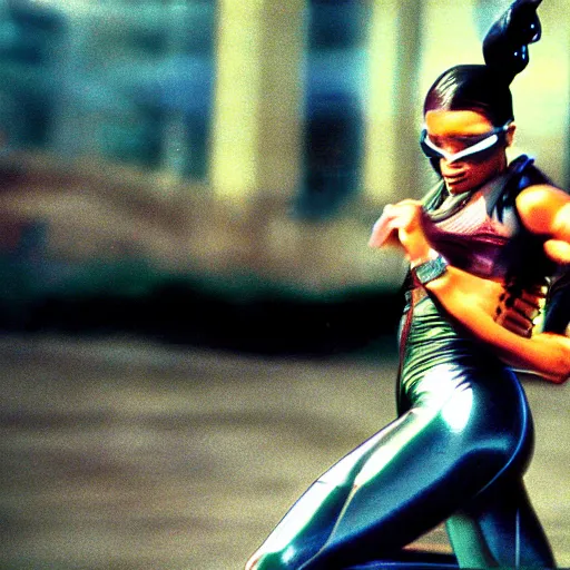 Image similar to Trinity the matrix, Femaile sprinter in athletic attire with cyborg legs, diesel punk, athletic footage, 1980's, olympics, cinematic, art deco