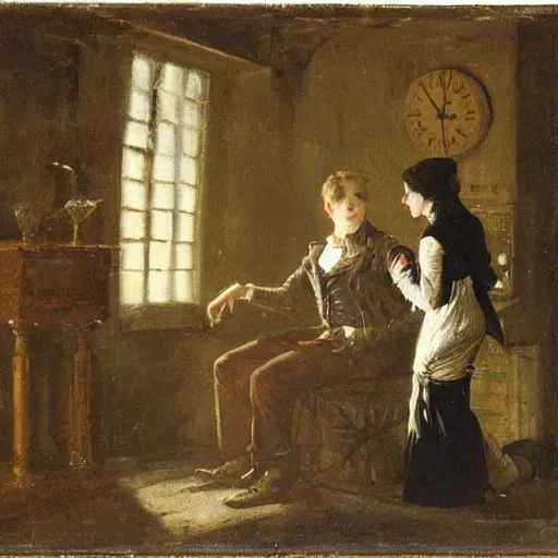 Image similar to young victorian man and woman solving a riddle in a dungeon, by alfred stevens