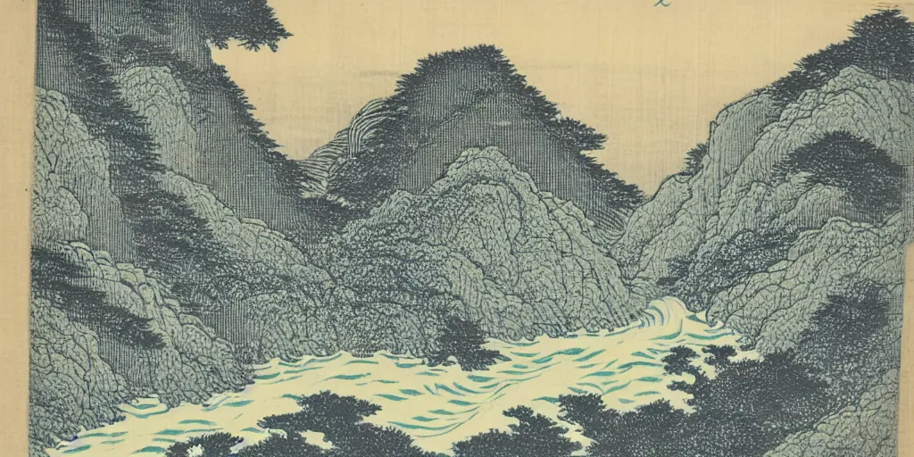 Prompt: A Korean woodblock print of mountains, two waterfalls and a roaring river