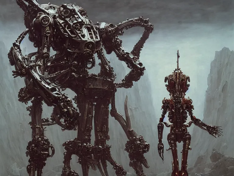 Prompt: still frame from Prometheus by Jakub Rozalski and utagawa kuniyoshi, infinite Hell Scape with gigantic mecha demon and ornate bone cyborgs by Wayne Barlowe by peter Mohrbacher by Giger, dressed by Alexander McQueen and by Neri Oxman, metal couture hate couture editorial