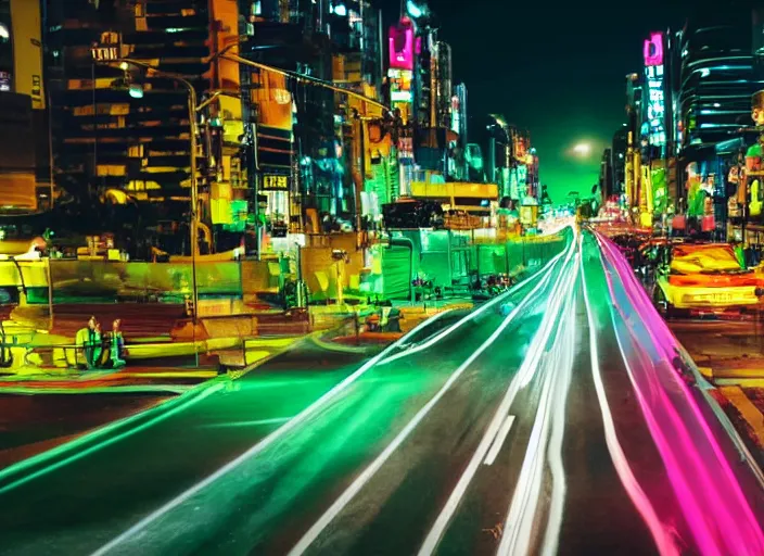 Image similar to a film still of a tonka truck driving through a neon green city at night, cinematic