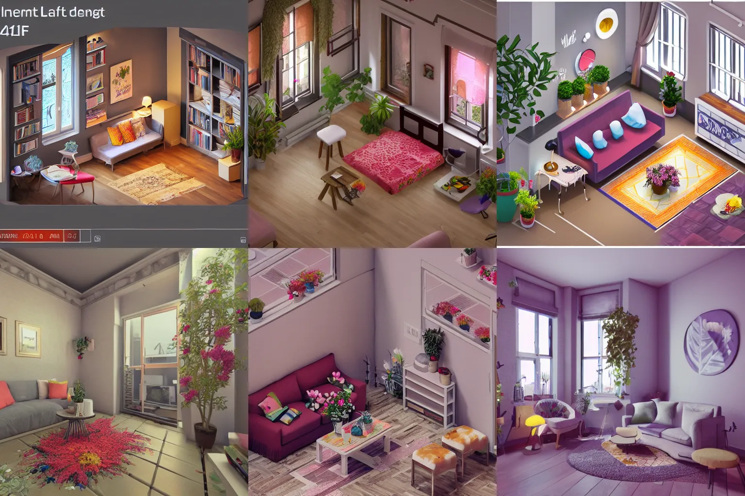 Prompt: apartment flat with 4 rooms decorated with flowers, isometric, render, unreal engine, artstation award winner