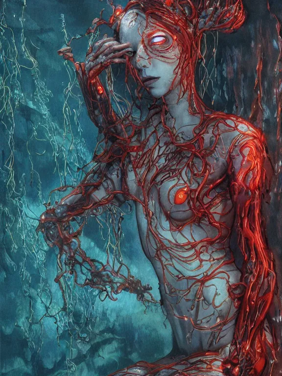 Image similar to ( underwater ) middle length portrait of a living goo on a ( cyborg leshy girl with glowing veins ), cinematic light, looking to the side off camera, backlight glow, green bright red, mist, by mikhail vrubel, by philippe druillet, by peter elson, by gerald brom, muted colors, extreme detail, trending on artstation, 8 k