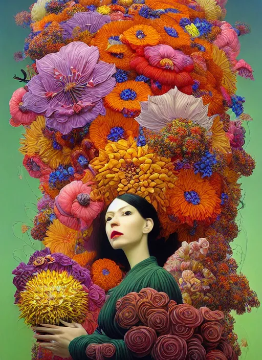 Image similar to hyper detailed illustration like a Oil painting - a vivid exotic flower bouquet, long petals, huge blossoms, by Jacek Yerka, Mariusz Lewandowski, Houdini algorithmic generative render, long brush strokes, Masterpiece, Edward Hopper and James Gilleard, Zdzislaw Beksinski, Mark Ryden, Wolfgang Lettl, hints of Yayoi Kasuma, octane render, 8k