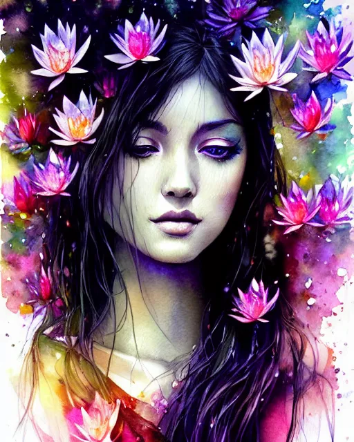 Image similar to watercolor waterlily priestess portrait, artgerm, wlop, petros afshar