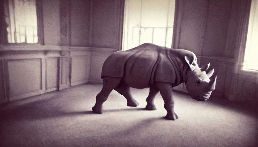 Prompt: a rhinoceros in a neoclassical bedroom, mini dv camera found footage, very very low quality picture, heavy grain, caught on security camera, heavy jpeg artifact blurry, caught on trail cam, 1 4 4 p