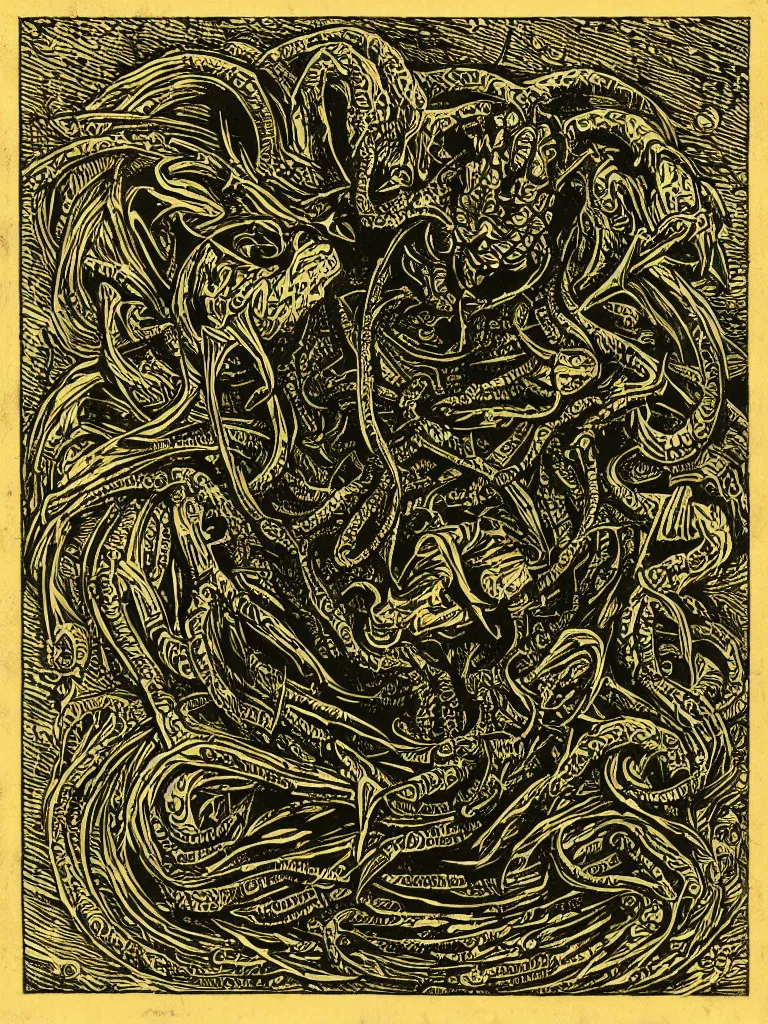 Image similar to old printmaking woodblock print of a intricately detailed tribute to the elder god cthulhu, beautiful dark fantasy, 8k detail