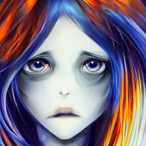 Image similar to full face shot of rimuru tempest, sky blue straight hair, long bangs, with amber eyes, wearing a fancy black jacket, high collar, ultra detailed, brush strokes, digital painting, cinematic, wlop artstation, closeup, pixiv, eerie, scary, intimidating, evil, yoshitaka amano, junji ito,