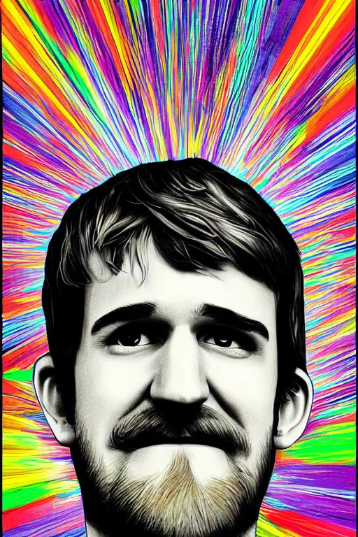 Image similar to inspirational style hope poster of bo burnham with beard, psychedelic colors, highly detailed, realistic, loving, by steven belledin