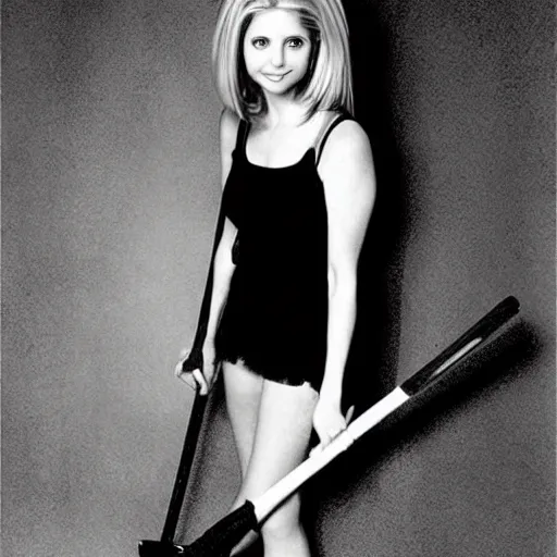 Prompt: sarah michelle gellar, buffy the vampire slayer, holding a stake, in the style of jo chen