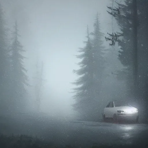 Prompt: driving through foggy austrian alps, greg rutkowski, artstation, spooky, mysterious, cinematic, the shining opening scene