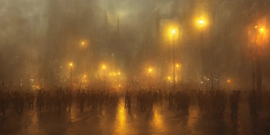 Image similar to a heavy swirling fogduring a parade, soft lighting, night, stephen bliss, misty, unreal engine, digital art, 8 k, oil painting, fantasy art, illustration, detailed and intricate environment