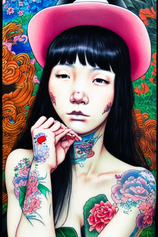 Image similar to full view of taiwanese girl with tattoos wearing cowboy hat, style of yoshii chie and hikari shimoda and martine johanna, highly detailed