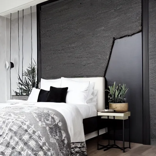 Image similar to bedroom, stone, interior design, stylish luxury hotel bedroom design, yakisugi, black vertical slatted timber, textures, feminine, black walls, art, vase with flowers, Japanese and Scandinavian influences