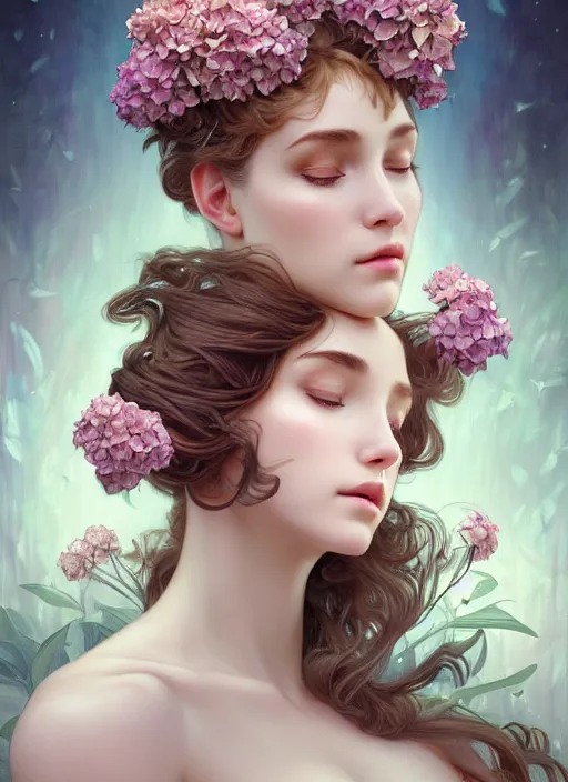 Image similar to a photographic portrait of a seductive sleeping anthropomorphic hydrangea blossom with a perfect face, fantasy, wind blowing hair, intricate, elegant, very very highly detailed, digital painting, artstation, concept art, smooth, super sharp focus, illustration, art by artgerm and h r giger and alphonse mucha