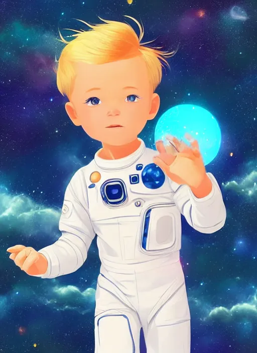 Image similar to little boy with short blonde hair. he is floating in space. he is wearing a space suit. background is a nebula. clean cel shaded vector art. shutterstock. behance hd by lois van baarle, artgerm, helen huang, by makoto shinkai and ilya kuvshinov, rossdraws, illustration, art by ilya kuvshinov