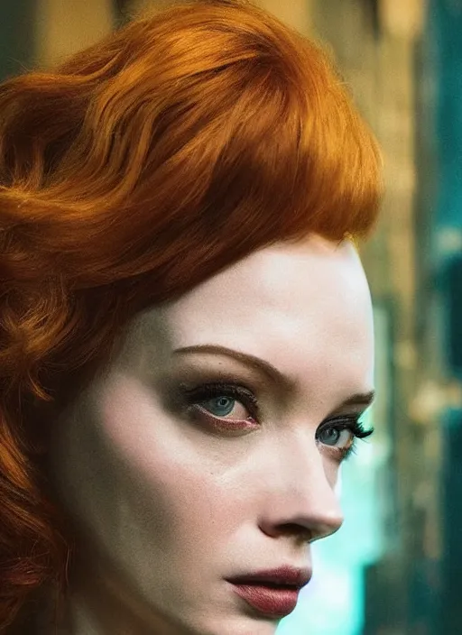 Image similar to upper body photograph portrait of a very pretty!!! christina hendricks in cyberpunk 2 0 7 7, symmetric face, petzval lens, sharp focus, smooth, space station. by alesio albi and george lucas and stanley kubrick