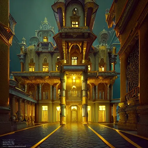 Image similar to emerlad palace at the end of a yellow brick road : : by michal karcz, daniel merriam, victo ngai and guillermo del toro : : ornate, dynamic, particulate, intricate, elegant, highly detailed, centered, artstation, smooth, sharp focus, octane render, 3 d