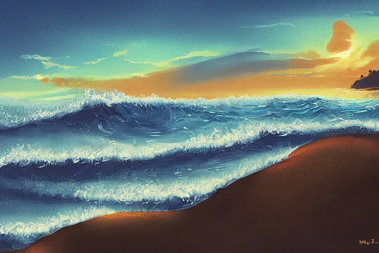 Image similar to sun, waves, sky, land, town, digital painting, illustrated by max hay