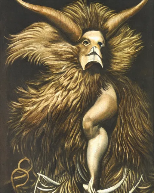 Image similar to human / eagle / lion / ox hybrid with two horns, one big beak, mane, human body. drawn by francis bacon