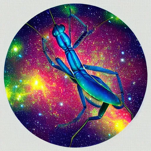 Image similar to celestial praying mantis made out of galaxies, universe, nebulas, mystical, majestic.