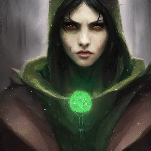 Prompt: portrait of a elf with glowing eyes, black hair, wearing a dark green cloak, concept art, cinematic lighting, detailed face, highly detailed, painting by greg rutkowski