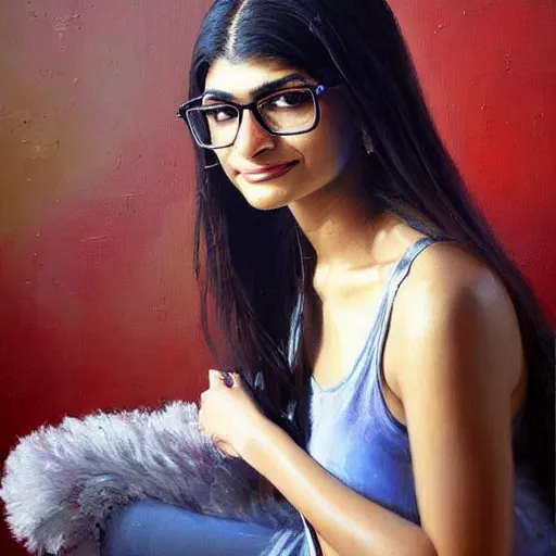 Prompt: beautiful painting an gorgeous of mia khalifa, oil painting, art by ruan jia