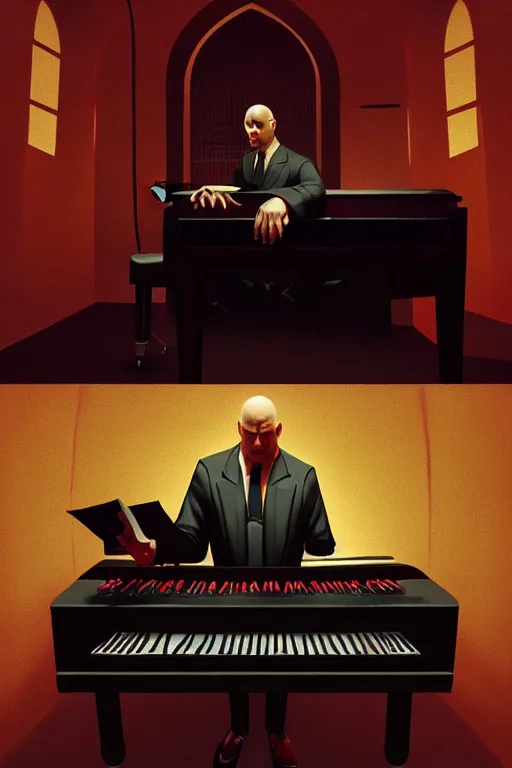 Image similar to an expressive portrait of agent 4 7 playing the piano in a monastery, dark background, red rim light, digital art, artstation, concept art by giger stalenhag