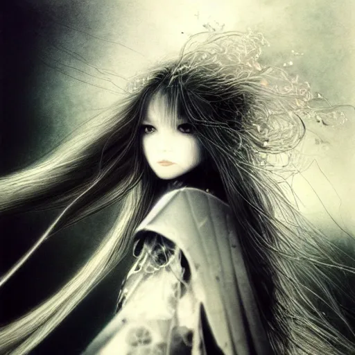 Image similar to Yoshitaka Amano blurred and dreamy illustration of an anime girl with wavy white hair and cracks on her face wearing Elden ring armour with the cape fluttering in the wind, abstract black and white patterns on the background, noisy film grain effect, highly detailed, Renaissance oil painting, weird portrait angle