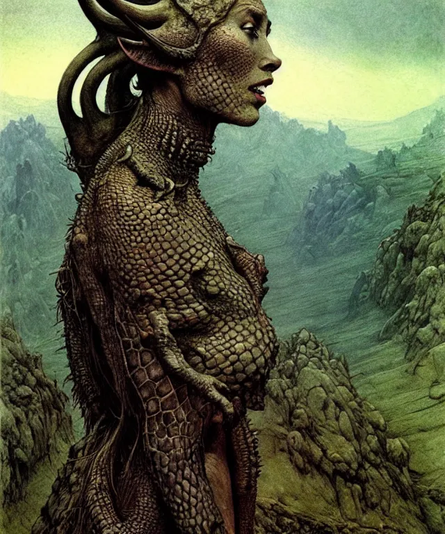 Image similar to A detailed horned crocodilewoman stands among the hills. Wearing a ripped mantle, robe. Perfect faces, extremely high details, realistic, fantasy art, solo, masterpiece, art by Zdzisław Beksiński, Arthur Rackham, Dariusz Zawadzki