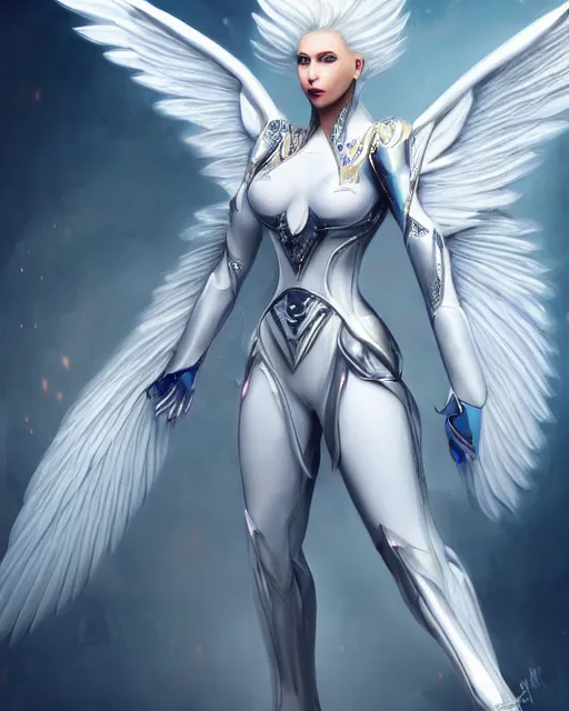 Image similar to perfect white haired attractive egyptian goddess with huge white dove wings, warframe armor, beautiful, symmetric, charlize theron, half asian, pretty face, blue eyes, android, scifi platform, laboratory, experiment, 4 k, ultra realistic, epic lighting, android body, illuminated, cinematic, masterpiece, art by akihito tsukushi, voidstar