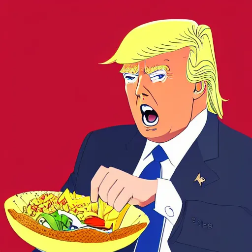 Prompt: beautiful digital painting portrait of donald trump eating a taco bowl in the style of studio trigger anime, 4 k, 8 k, hd, high resolution, highly detailed, intricate detail, ultra realistic faces, digital art, trending on artstation, kill la kill, gurren lagann