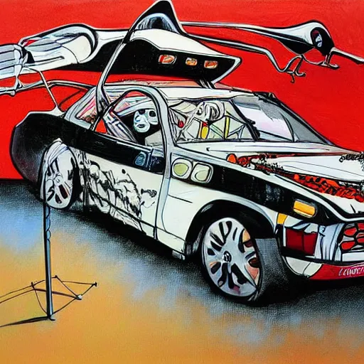 Prompt: a detailed painting titled dude where's my car by gerald scarfe and ralph steadman