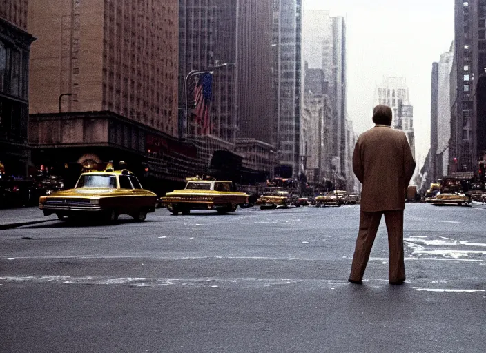 Image similar to screenshot wide shot from moody scene of Donald Trump pensive in New York streets from the film Taxi Driver 1976 directed by Martin Scorcese, kodak film stock, anamorphic lens, 4K, detailed, stunning cinematography and composition, 70mm