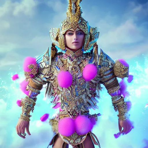 Image similar to a majestic soman wearing an intricate and detailed armor made of candy floss. layers. textures. delicate. elaborate. studio portrait. photorealistic. octane render