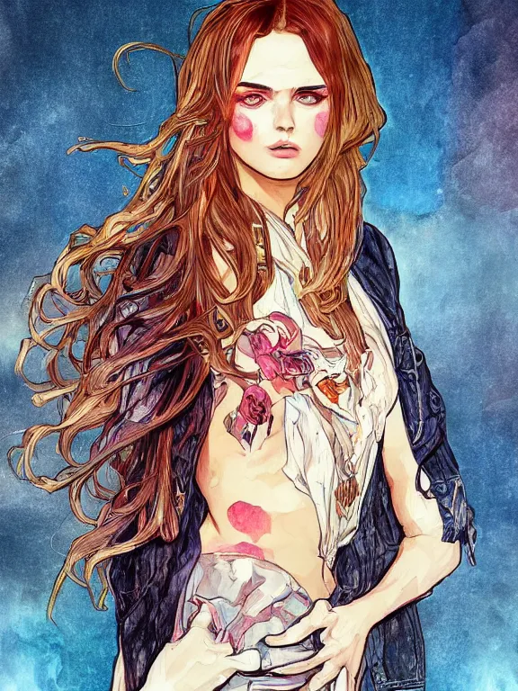 Prompt: digital illustration of a girl with eyes that burn like cigarettes wearing a short skirt and a long jacket with fingernails that shine like justice, dramatic lighting, photorealistic, extreme detail, 4 k, colorful, artgerm and alphonse mucha, watercolor