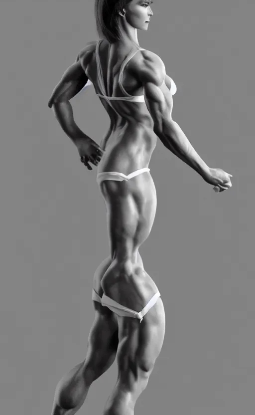 Image similar to photo of bodybuilder woman posing in white peignoir, full leight, ultra rendered extreme realism and detail, 8 k, highly detailed, realistic, photorealistic,