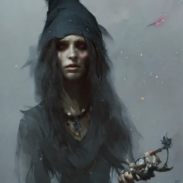 Image similar to a painting of a stoner witch by greg rutkowski, dark fantasy art, high detail, trending on artstation