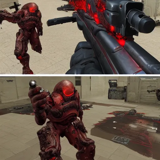 Prompt: real life doom slayer walking on human bloody dead bodies, shooting with heavy bolt rifle towards demons