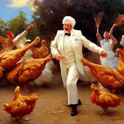 Prompt: colonel sanders throwing fried chickens, highly detailed painting by gaston bussiere, craig mullins, j. c. leyendecker, 8 k