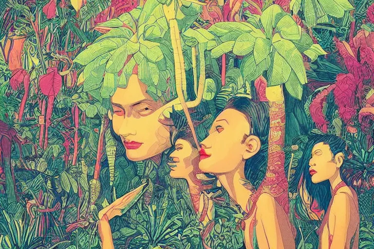 Image similar to gigantic girl faces, tiny robots, a lot of exotic vegetation around, risograph!, colorful flat surreal design, super - detailed, a lot of tiny details, fullshot, painting by luigi serafini and moebius