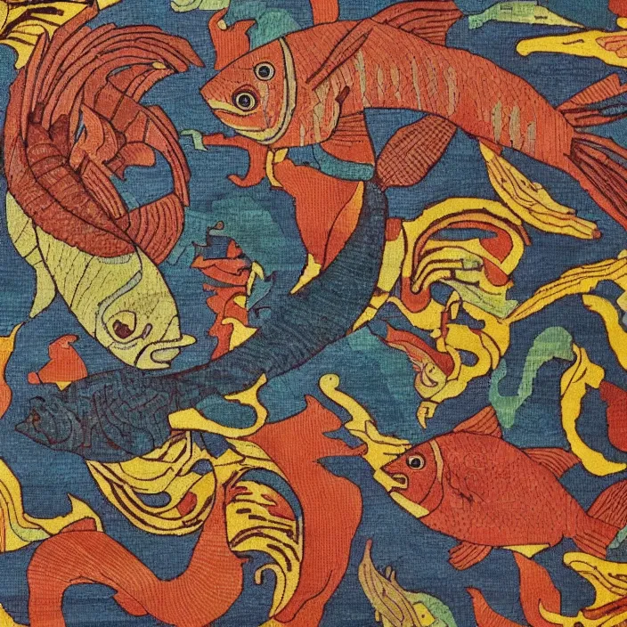 Prompt: different exotic fish. intricate textile carpet by olexandr archipenko